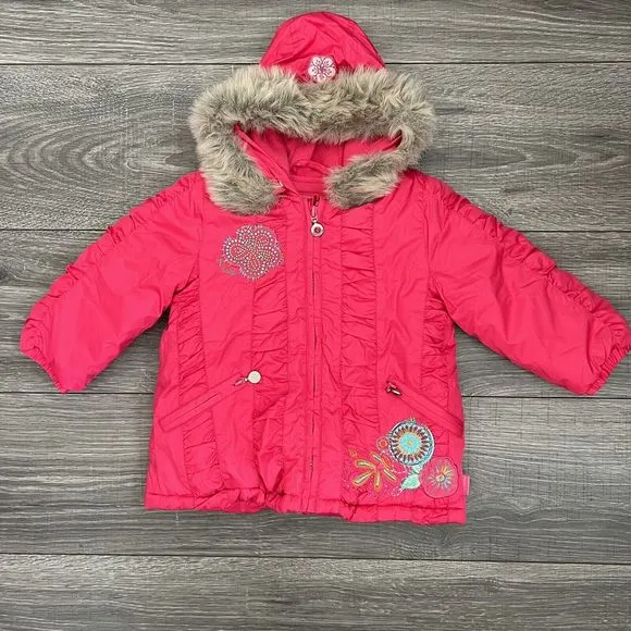 Pampolina Baby Girls Pink Hooded Ski Jacket sz 9M Faux Fur Trim Winter Parka