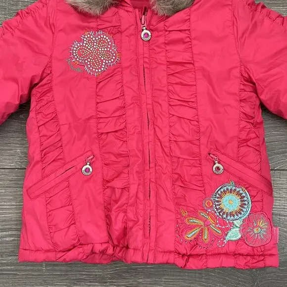 Pampolina Baby Girls Pink Hooded Ski Jacket sz 9M Faux Fur Trim Winter Parka
