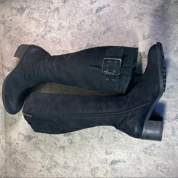 Paul Green Women's Black Suede Leather Buckle Zippered Tall Boots