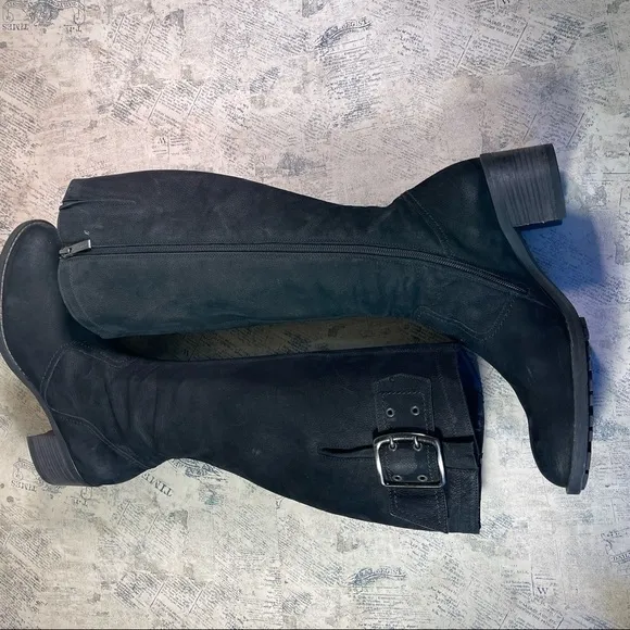 Paul Green Women's Black Suede Leather Buckle Zippered Tall Boots