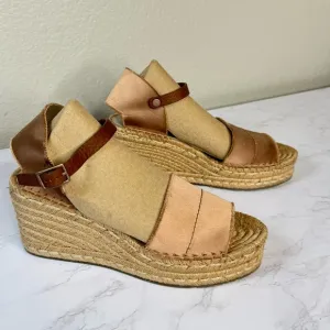 Pedro Garcia Oriele Espadrille Wedge Leather /Satin Sandals Tan Size 39/9
