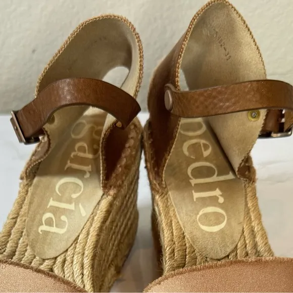 Pedro Garcia Oriele Espadrille Wedge Leather /Satin Sandals Tan Size 39/9
