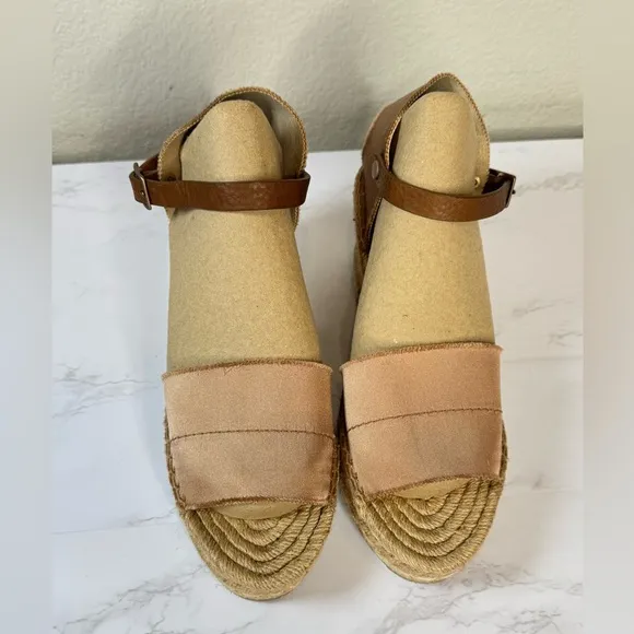 Pedro Garcia Oriele Espadrille Wedge Leather /Satin Sandals Tan Size 39/9