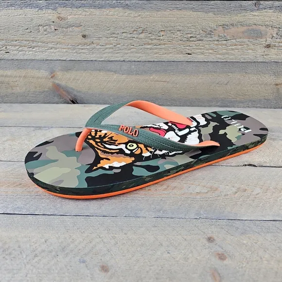Polo Ralph Lauren Men's Whitlebury II Flip Flops Sandals Camo Tiger Orange