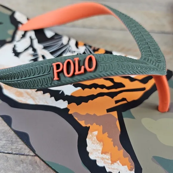 Polo Ralph Lauren Men's Whitlebury II Flip Flops Sandals Camo Tiger Orange