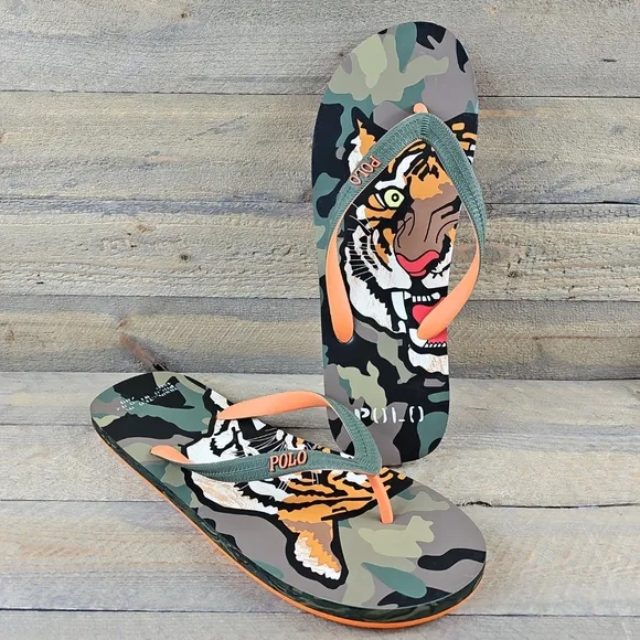 Polo Ralph Lauren Men's Whitlebury II Flip Flops Sandals Camo Tiger Orange
