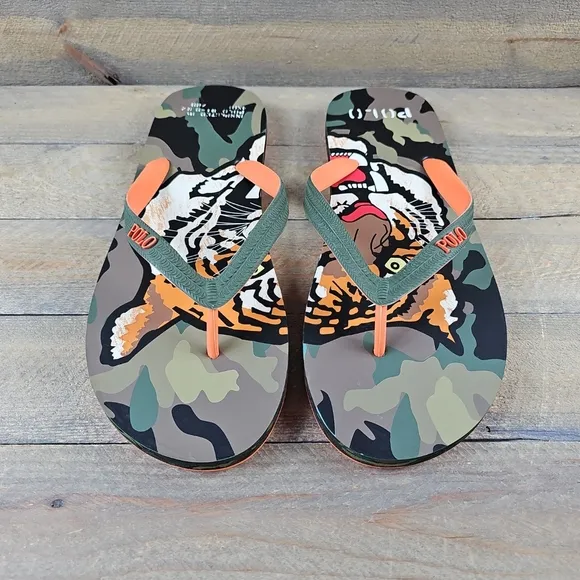 Polo Ralph Lauren Men's Whitlebury II Flip Flops Sandals Camo Tiger Orange