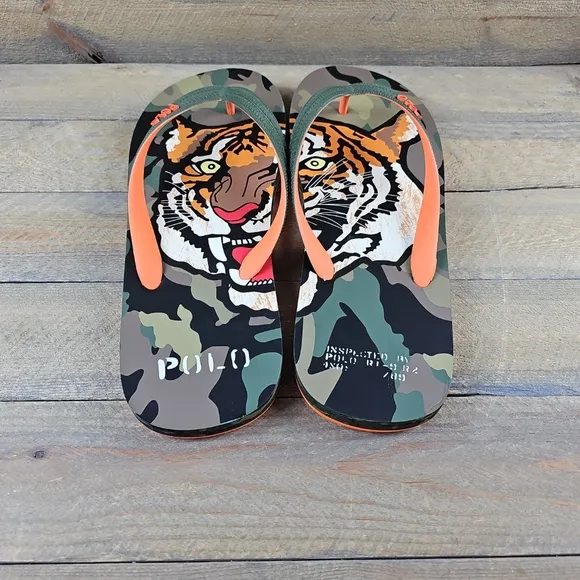 Polo Ralph Lauren Men's Whitlebury II Flip Flops Sandals Camo Tiger Orange
