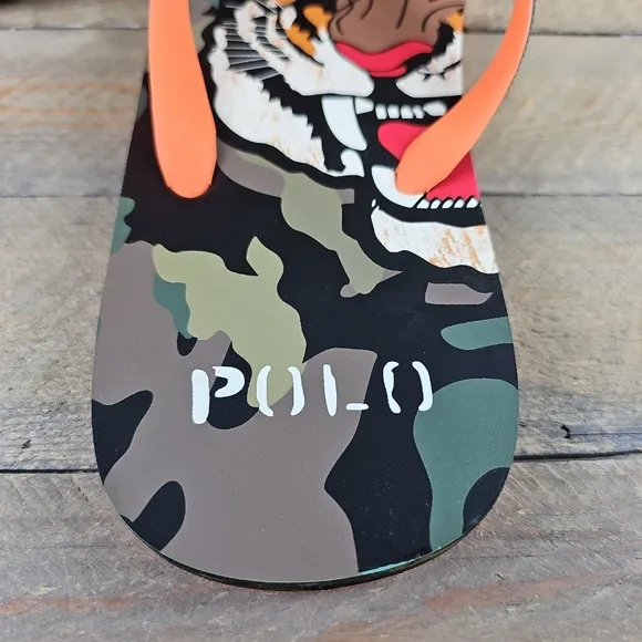 Polo Ralph Lauren Men's Whitlebury II Flip Flops Sandals Camo Tiger Orange