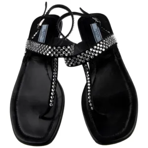Prada leather crystal embellishments t-strap sandals flip flops shoes 39.5 9.5