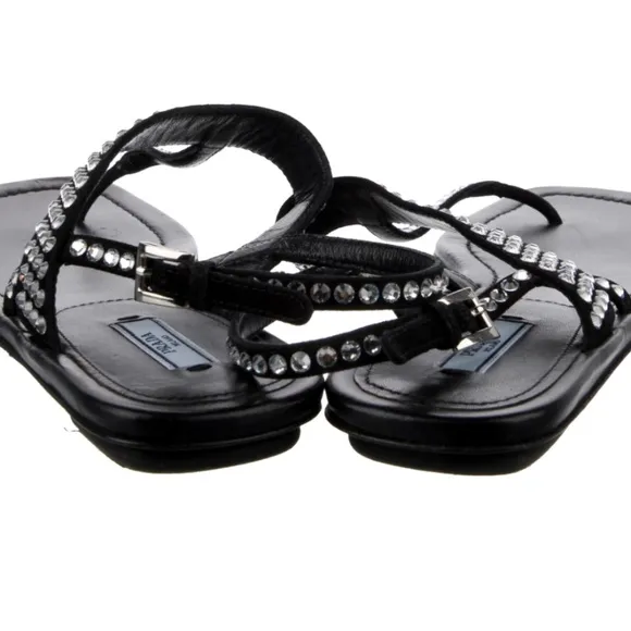 Prada leather crystal embellishments t-strap sandals flip flops shoes 39.5 9.5