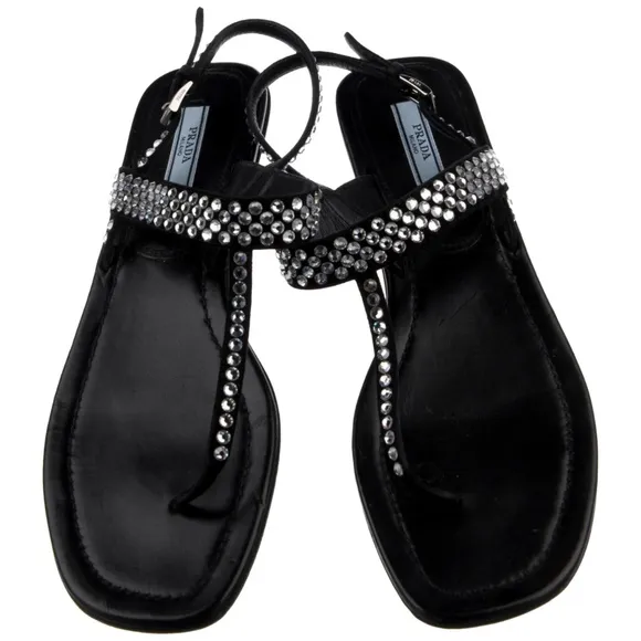 Prada leather crystal embellishments t-strap sandals flip flops shoes 39.5 9.5