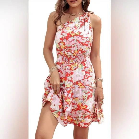 PRETTYGARDEN Tie 1 Shoulder Boho Floral Elastic Waist Tiered Ruffle A Line Flowy