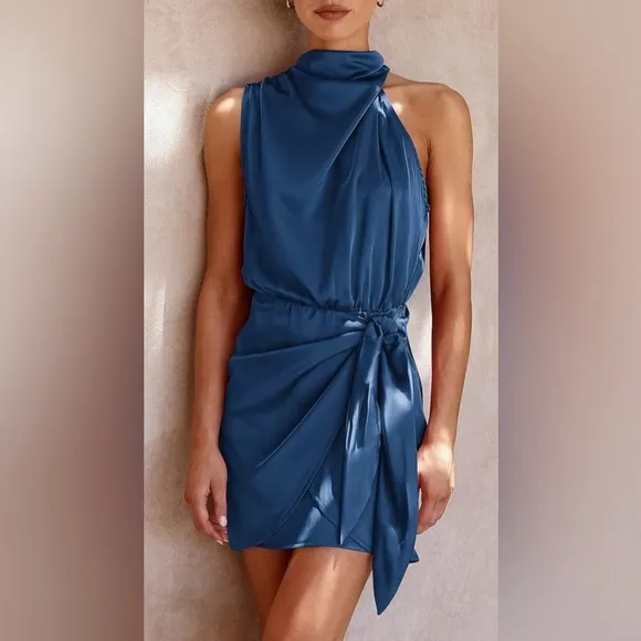 PRETTYGARDEN Womens Mock Neck Tie Waist Cocktail Party Dress