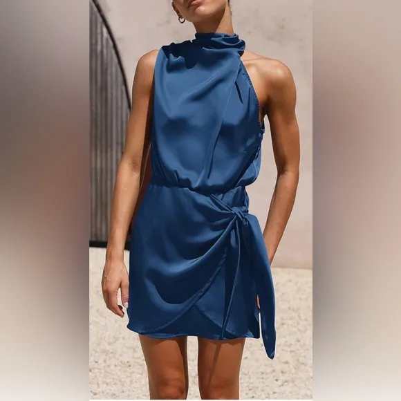 PRETTYGARDEN Womens Mock Neck Tie Waist Cocktail Party Dress