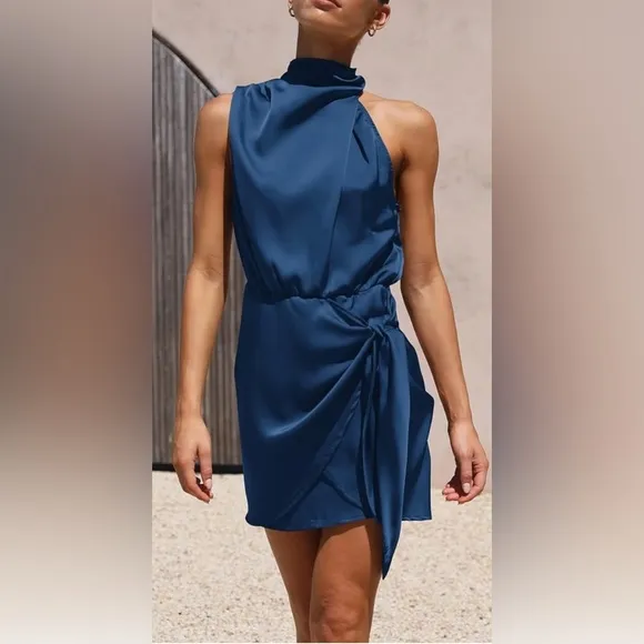 PRETTYGARDEN Womens Mock Neck Tie Waist Cocktail Party Dress