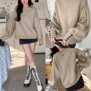 Puff sleeve oversized crew neck pullover sweater with button wrist detail
