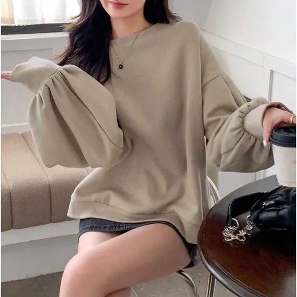 Puff sleeve oversized crew neck pullover sweater with button wrist detail