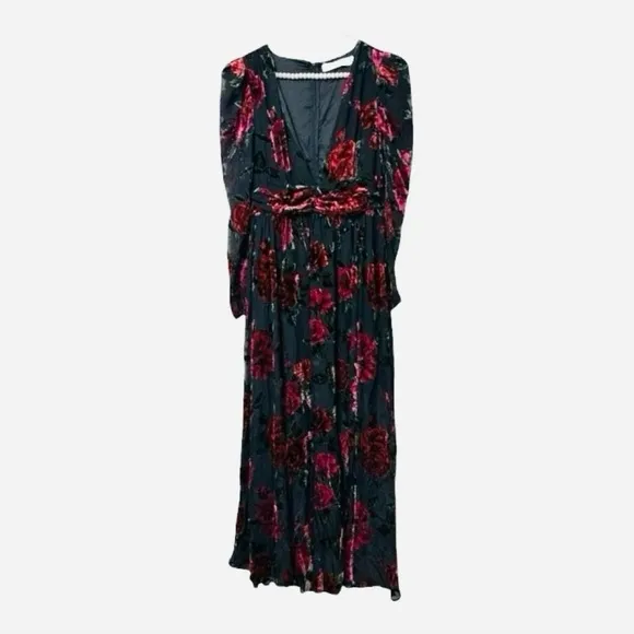 Rachel Purcell Burnout Velvet Maxi Dress Evening Gown Floral Black &amp; Red Size 8