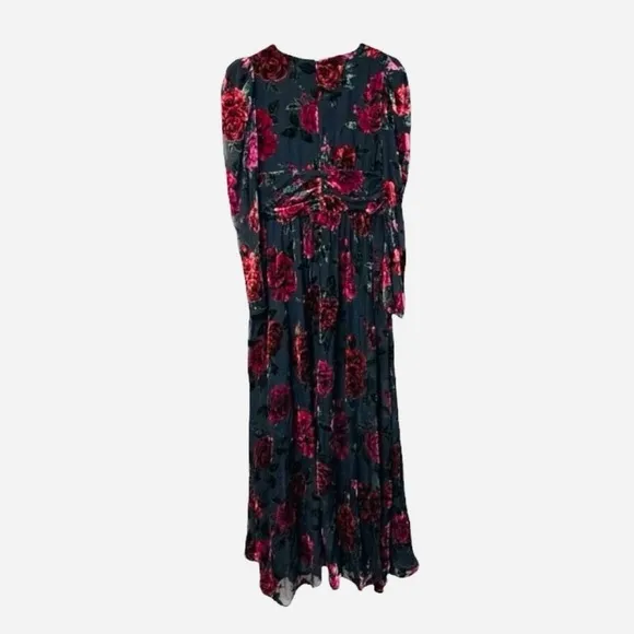 Rachel Purcell Burnout Velvet Maxi Dress Evening Gown Floral Black &amp; Red Size 8