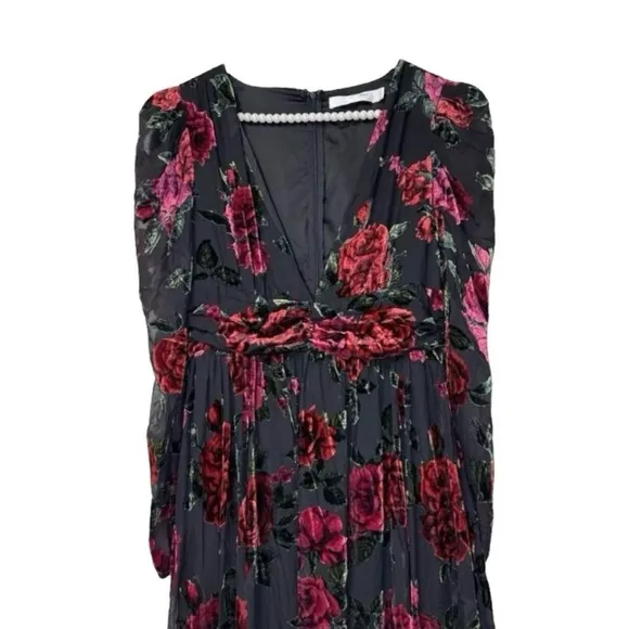 Rachel Purcell Burnout Velvet Maxi Dress Evening Gown Floral Black &amp; Red Size 8