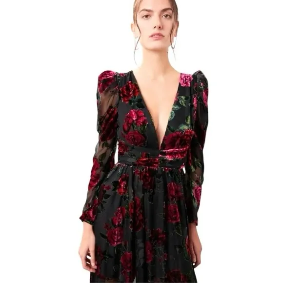 Rachel Purcell Burnout Velvet Maxi Dress Evening Gown Floral Black &amp; Red Size 8
