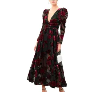 Rachel Purcell Burnout Velvet Maxi Dress Evening Gown Floral Black &amp; Red Size 8