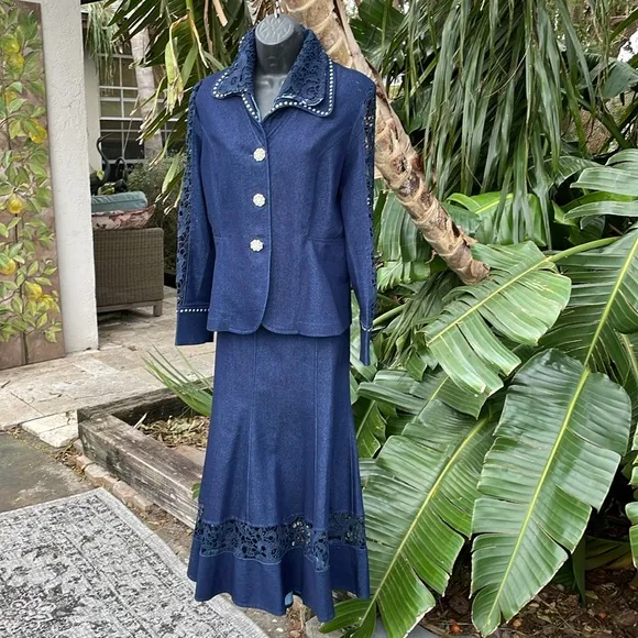Regalia dark wash denim  suit with trumpet skirt