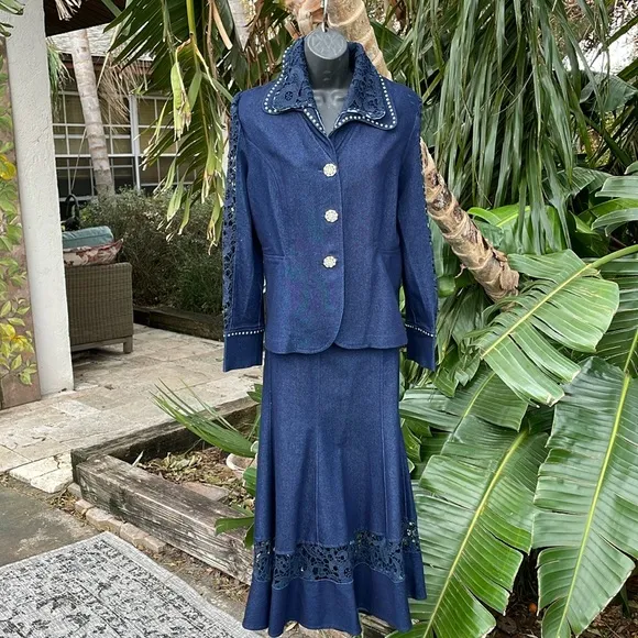 Regalia dark wash denim  suit with trumpet skirt