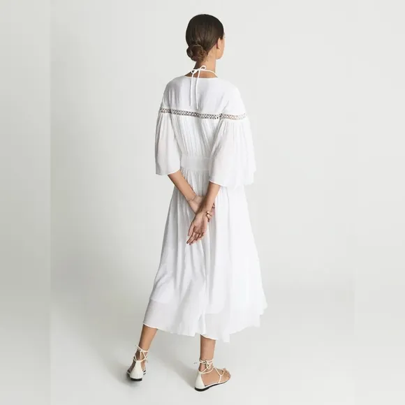 REISS Delphine Maxi Dress White Macrame detailing Bell Sleeves flowy Silhouette