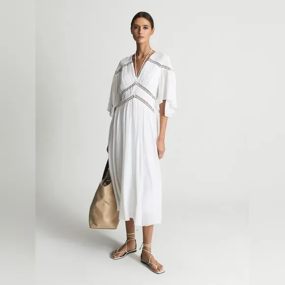 REISS Delphine Maxi Dress White Macrame detailing Bell Sleeves flowy Silhouette