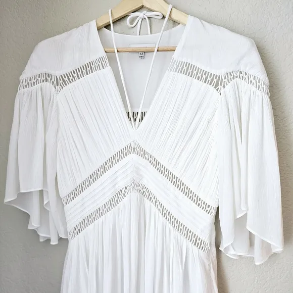 REISS Delphine Maxi Dress White Macrame detailing Bell Sleeves flowy Silhouette