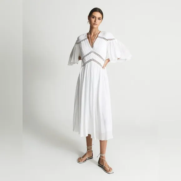 REISS Delphine Maxi Dress White Macrame detailing Bell Sleeves flowy Silhouette