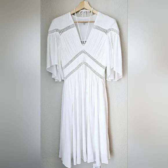 REISS Delphine Maxi Dress White Macrame detailing Bell Sleeves flowy Silhouette