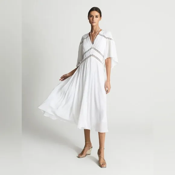 REISS Delphine Maxi Dress White Macrame detailing Bell Sleeves flowy Silhouette