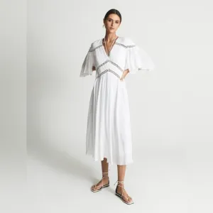 REISS Delphine Maxi Dress White Macrame detailing Bell Sleeves flowy Silhouette