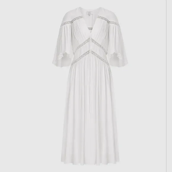 REISS Delphine Maxi Dress White Macrame detailing Bell Sleeves flowy Silhouette