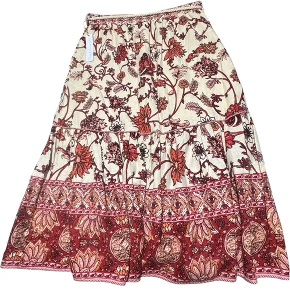 Revolve House Of Harlow 1960 NWT Floral Boho Linen Midi Waist Tie Swing Skirt LG