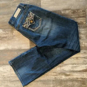 ROCK &amp; ROLL COWGIRL Aztec embroidery mid-rise medium wash bootcut jeans sz28x34L