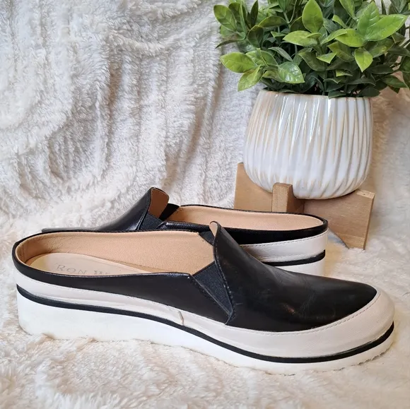 Ron White Natalie Wedge Mules Black Water Resistant Leather Shoes $395 Size 6.5