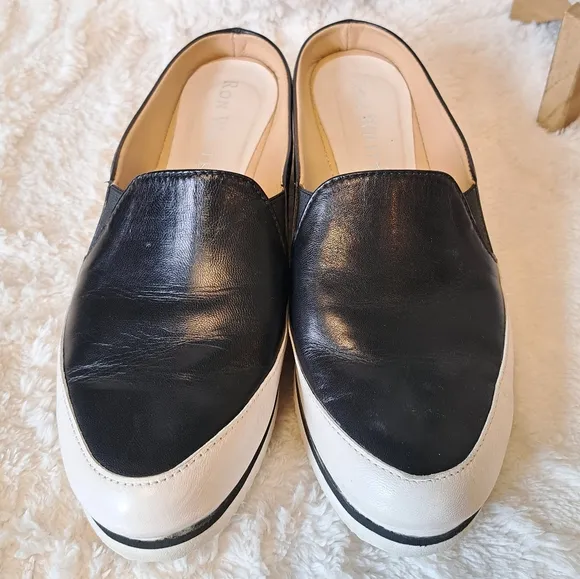 Ron White Natalie Wedge Mules Black Water Resistant Leather Shoes $395 Size 6.5