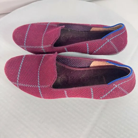 Rothy's Womens Burgundy Blue Grid Knit Soft Loafer Sz 6 Recycled Sustainable