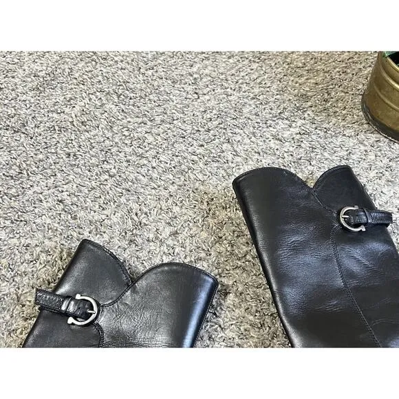 Salvatore Ferragamo Tall Riding Boots Size 6 B Black Leather Logo Equestrian