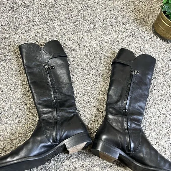Salvatore Ferragamo Tall Riding Boots Size 6 B Black Leather Logo Equestrian
