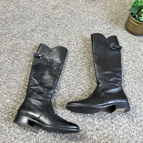 Salvatore Ferragamo Tall Riding Boots Size 6 B Black Leather Logo Equestrian