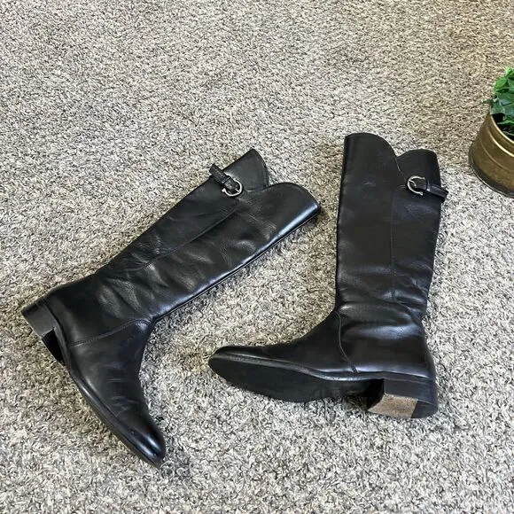 Salvatore Ferragamo Tall Riding Boots Size 6 B Black Leather Logo Equestrian