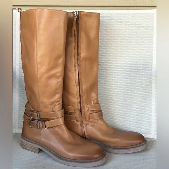 SAM EDELMAN NWOB/NWOT Freda Tall Leather Riding Boots, Cashew, floor sample.