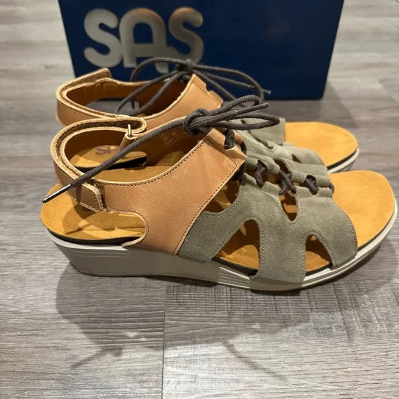 SAS Sedona Sagebrush Suede Lace Up Wedge Comfort Sandals