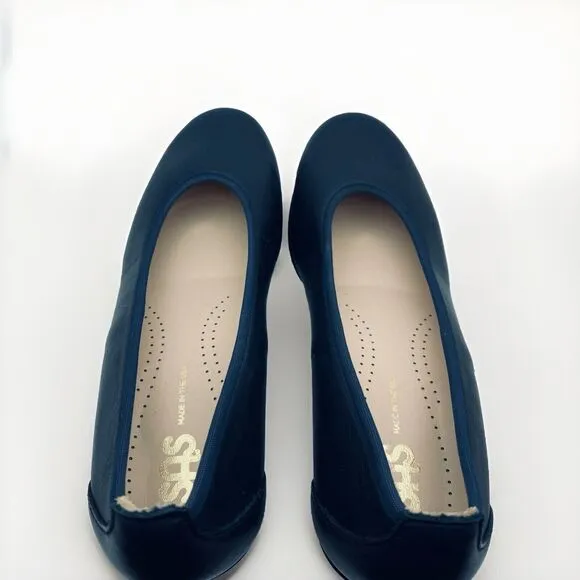 SAS Womens Milano Navy Blue Leather Round Toe Slip On Pump Block Heel Sz 6.5M