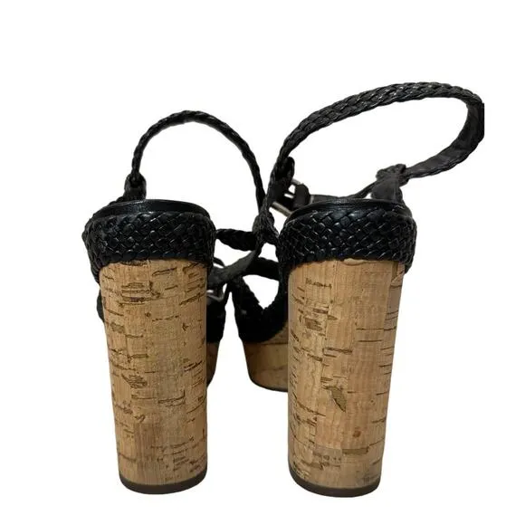 Schutz Cork Block Heel Sandals with Black Braided Leather, Women's Size 7.5